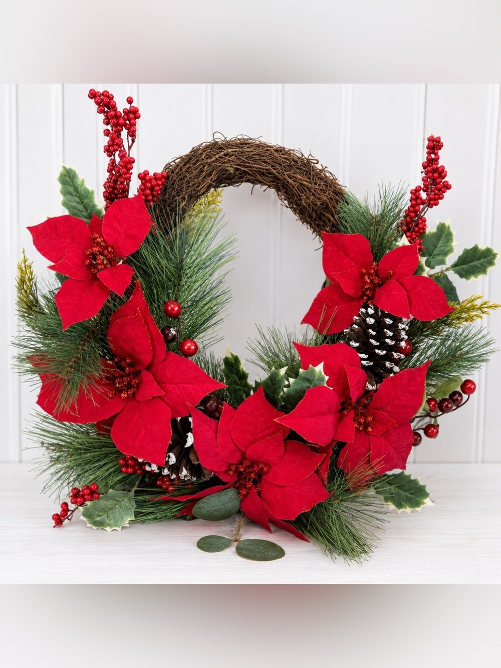 New Red Poinsettia & Pine Holiday Wreath - Classic Seasonal Door Accent
